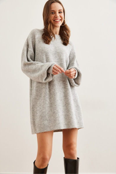Olalook Women Gray Crew Neck Balloon Sleeve Soft Textured Knitwear Tunic Dresselb- 19001802