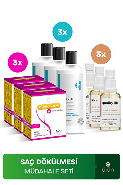 Quality Life Saç Dökülmesi Karşıtı Müdahale Seti (9 Ürün) - Dökülmesine Karşı Şampuan Serum Vitamin - Dökülme Set