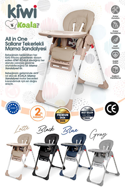 Kiwi Koala Mama Sandalyesi Portatif Katlanır Yükseklik Ayarlı Tekerlekli İçi Pedli - Gri Renk