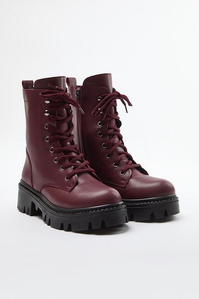 TRENDYOL SHOES Claret Red Zipper and Lace Detailed Women's Short Flat Heeled Boots Takaw25Bo00025