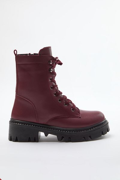 TRENDYOL SHOES Claret Red Zipper and Lace Detailed Women's Short Flat Heeled Boots Takaw25Bo00025