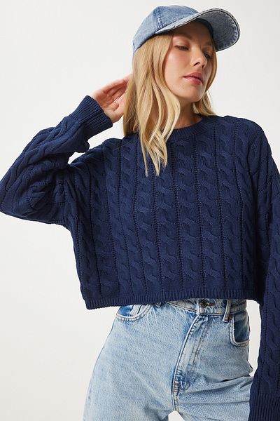 Happiness İstanbul Navy Blue Knit Motif Sweater - Crew Neck Mx00169