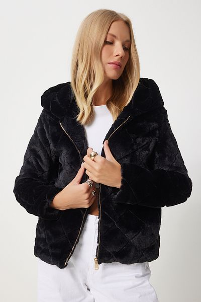 Happiness İstanbul Women's Black Feathered Hooded Coat Rv00200