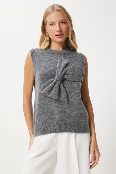 Happiness İstanbul Anthrazitfarbener Strick-Damenpullover – Schleifendetail, PF00083