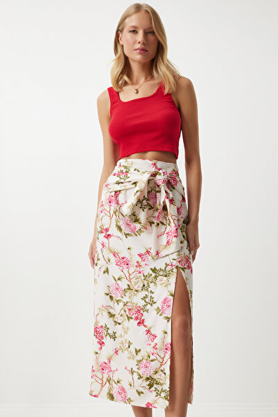 Happiness İstanbul Magas derekú és csomózott vászon női szoknya - rózsaszín krémszínű virágmintás WF00075