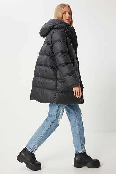 Happiness İstanbul Black Long Puffer Jacket with Hood - Women's Eg00003