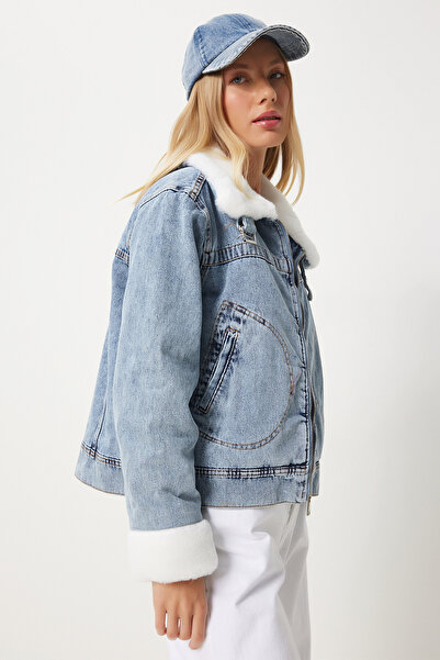 Happiness İstanbul Kadın Mavi İçi Suni Kürklü Denim Ceket RV00201