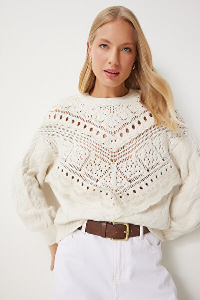 Happiness İstanbul Pulover de damă ajurat cu dantelă de culoare crem - KL00005