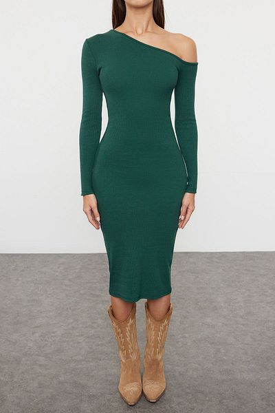 Trendyol Collection Ασύμμετρος γιακάς Σμαραγδένιο Πράσινο ελαστικό μίντι πλεκτό φόρεμα - TWOAW25EL00200