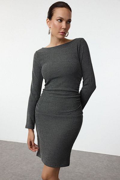 Trendyol Collection Anthracite Boat Neck Drape Detailed Bodycon Mini Dress - Twoaw25El00317