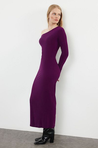 Trendyol Collection Rochie tricotată maxi flexibilă - prune, guler asimetric solid, mulat TWOAW25EL00106