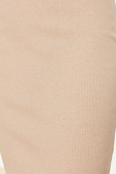 Trendyol Collection Kamelfarbenes, figurbetontes, geripptes, flexibles Midi-Bleistiftkleid aus Strick mit Poolkragen und doppelten Kordelriemen TWOSS22EL2452