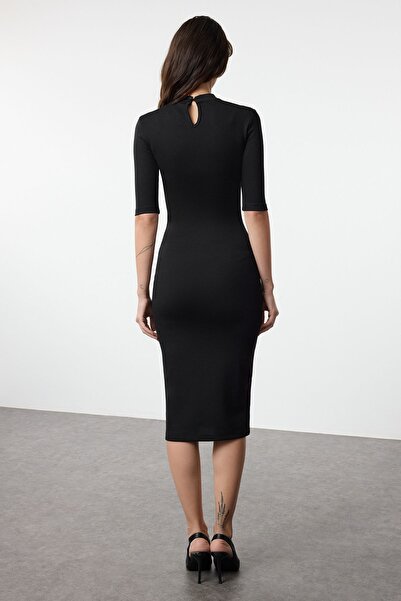 Trendyol Collection Black Midi Knitted Dress - Stand Collar and Three Quarter Sleeve, Bodycon Fit Twoaw25El00520