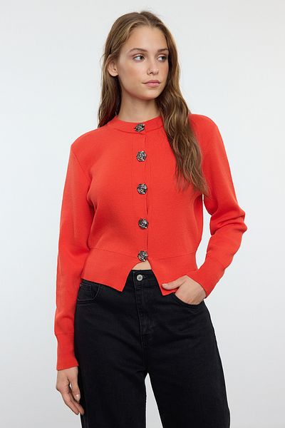 Trendyol Collection Cardigan de tricotaj crop roșu premium - Detaliu cu nasturi trandafiri, TWOAW25HI00110