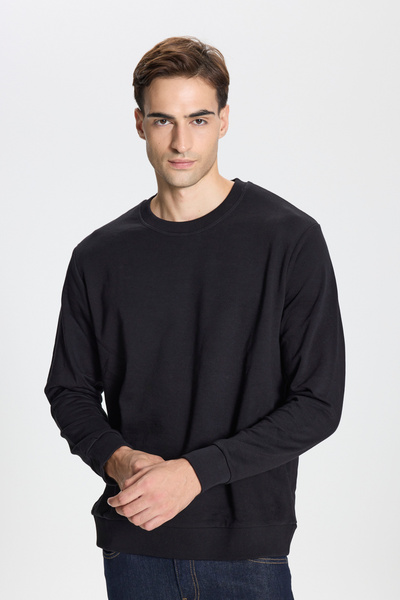 George Henry Ανδρικό μαύρο φούτερ με 3 κλωστές, ζεστό βαμβακερό κανονικό φόρεμα με λαιμόκοψη