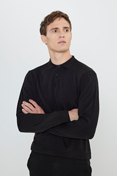 George Henry Ανδρικό μαύρο πλεκτό πουλόβερ με κολάρο πόλο με κανονική εφαρμογή κατά του πήγματος