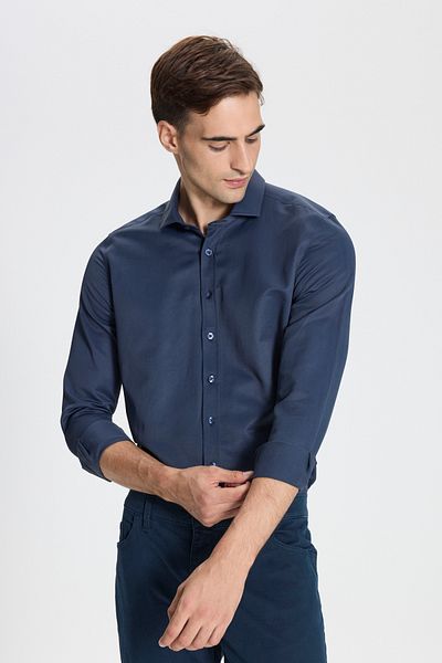George Henry Navy Blue Slim Fit Βαμβακερό πουκάμισο Oxford - Εύκολο σιδέρωμα, ιταλικό γιακά, Dobby