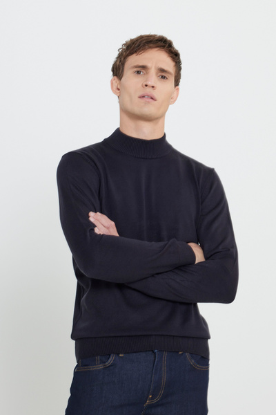 George Henry Ανδρικό πλεκτό πουλόβερ με μισό ζιβάγκο, μπλε ναυτικό