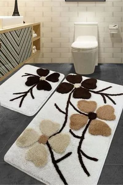 Chilai Home Μπεζ σετ λουλουδιών 2 - 60x100 cm και 50x60 cm χαλί μπάνιου, χαλάκι και σετ καθισμάτων τουαλέτας, ακρυλικό