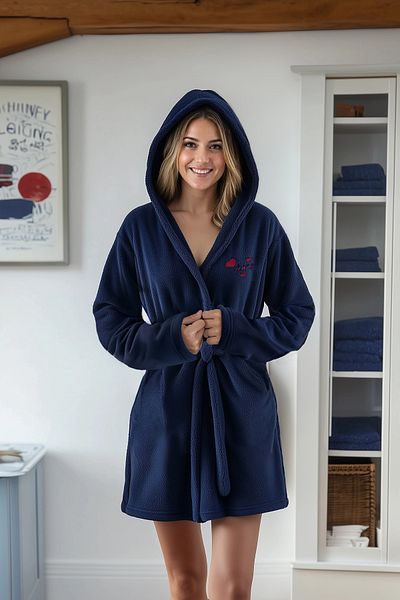 Trendyol Collection Zimní pletený župan Wellsoft v námořnické modré s výšivkou srdce a sloganu – bezkapsový Thmaw25Sb00005