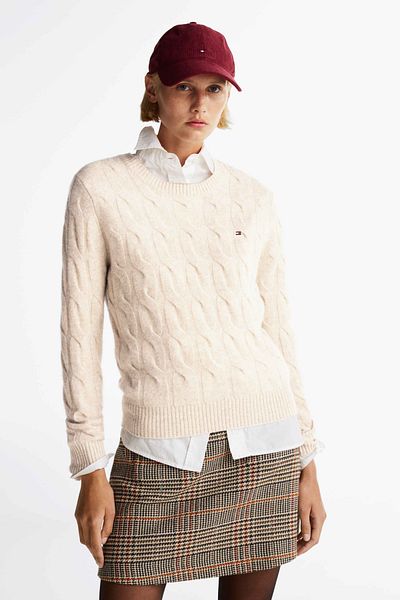 Tommy Hilfiger Beigefarbener Rundhalspullover – Standardmuster, SOFT WOOL CABLE C-NK