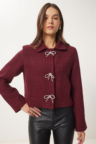Happiness İstanbul Damen-Tweedjacke in Burgunderrot mit Schleifendetail TO00160