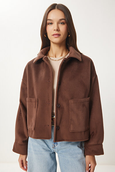 Happiness İstanbul Дамско кафяво яке с мек щампован широк джоб Fn03445