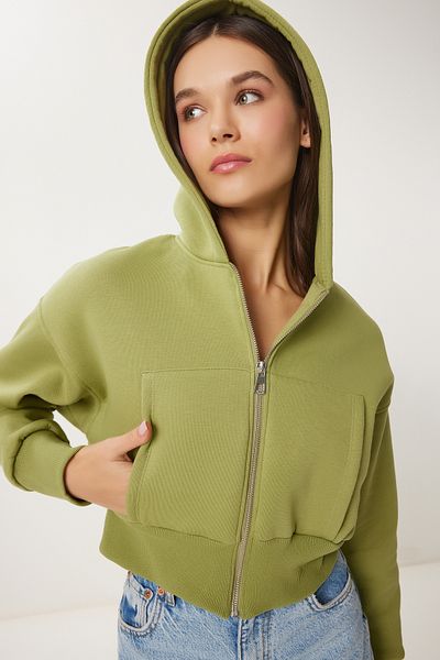 Happiness İstanbul Pistaziengrünes Damen-Sweatshirt mit Kapuze und Reißverschluss OW00051
