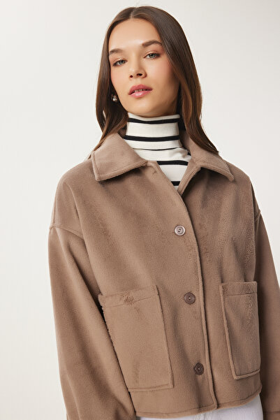 Happiness İstanbul Дамско яке от норка с мек щампован широк джоб Fn03445