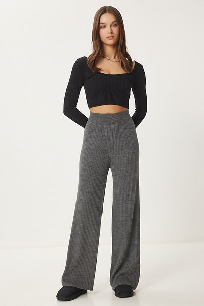 Happiness İstanbul Women's Anthracite Ribbed Knitwear Pants Ki̇00096