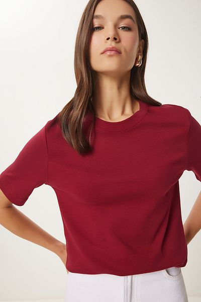 Happiness İstanbul Burgunderfarbenes Basic-Strick-T-Shirt für Damen aus Baumwolle AG00001