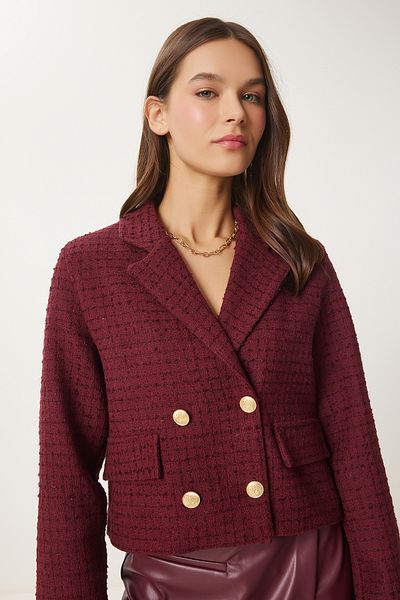 Happiness İstanbul Burgunderfarbene kurze zweireihige Tweedjacke für Damen WF00017