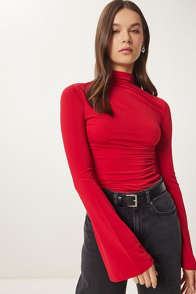 Happiness İstanbul Rote Damen-Strickbluse mit spanischen Ärmeln und Kordelzug EN00634