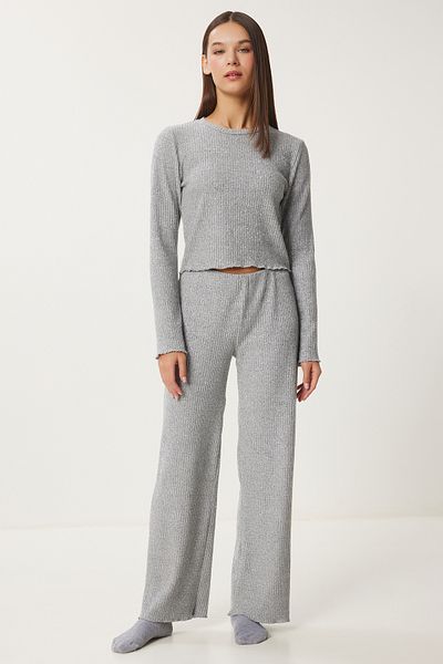 Happiness İstanbul Women's Gray Melange Soft Crop Loose Pants Knitted Suit An00222