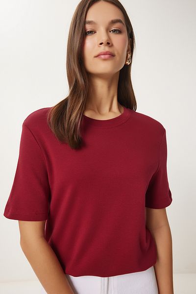 Happiness İstanbul Burgunderfarbenes Basic-Strick-T-Shirt für Damen aus Baumwolle AG00001