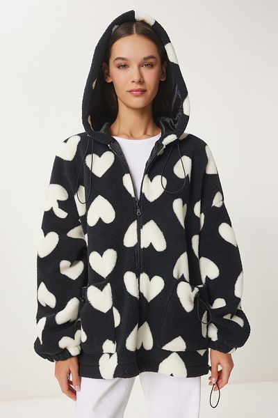 Happiness İstanbul Women's Black and White Hooded Heart Plush Coat Ri00001
