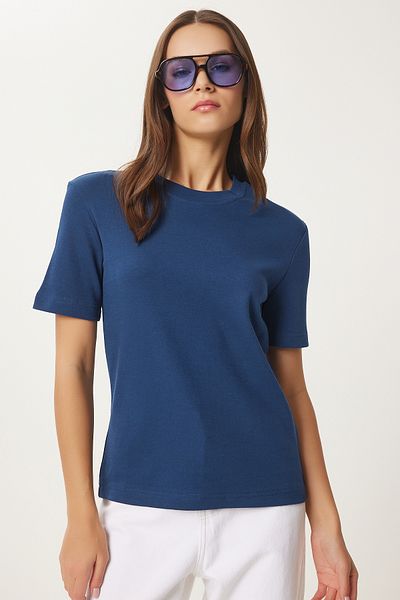 Happiness İstanbul Tricou tricotat de bază din bumbac albastru cobalt pentru femei AG00001