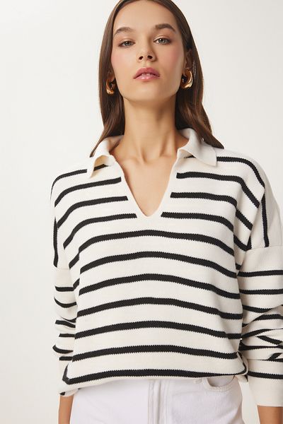 Happiness İstanbul Kurzer Strickpullover mit Polokragen und Knochenmuster für Damen US00293