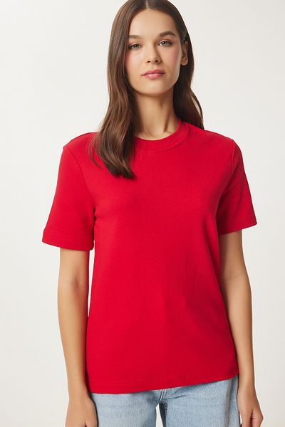 Happiness İstanbul Basic-Strick-T-Shirt für Damen aus roter Baumwolle AG00001