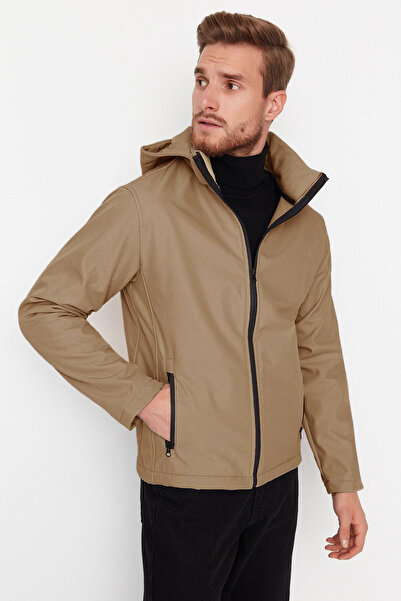 Trendyol Collection Ανδρικό μπεζ παλτό εξωτερικού χώρου - Αποσπώμενη κουκούλα με φερμουάρ, ανθεκτικό στον αέρα και στο νερό TMNAW22MO0118