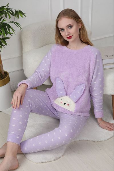 Trendyol Collection Lilac 3-dílný Heart Sleep Band Fleece Zimní pletená sada pyžama Thmaw21Pt0666