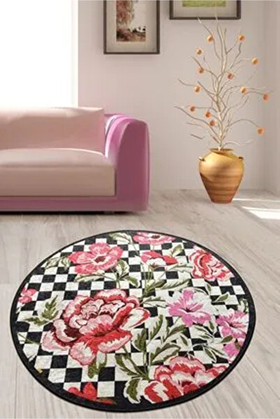 Chilai Home Black Rose Çap Kaymaz Taban Dekoratif Halı Djth