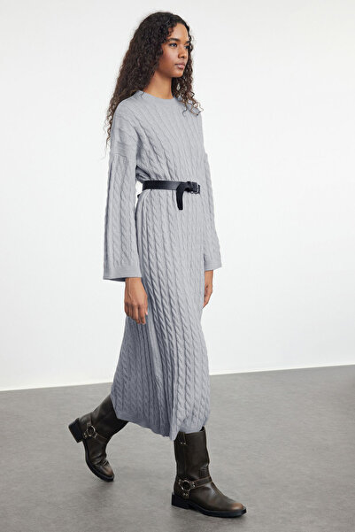 Trendyol Collection Gray Maxi Knitwear Dress with Hair Braid Detail - Twoaw25El00078
