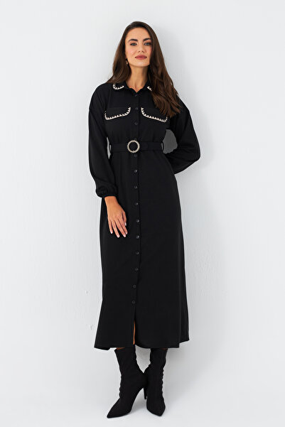 Cool & Modest Kadın Siyah Kemerli Maxi Gömlek Elbise MASF17