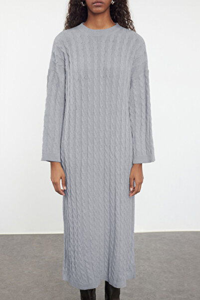 Trendyol Collection Gray Maxi Knitwear Dress with Hair Braid Detail - Twoaw25El00078