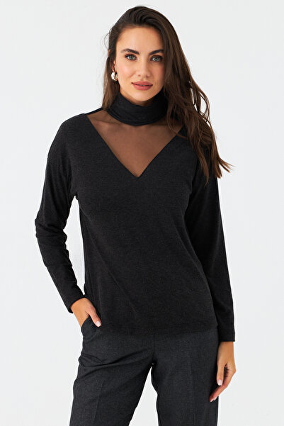 Cool & Sexy Γυναικεία Ανθρακί Τούλι Λεπτομερής Ψαράς Μπλούζα EY2980