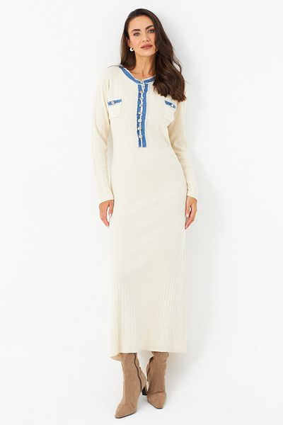 Cool & Modest Ecru Maxi Dress for Women - Denim Detail, Mqas200