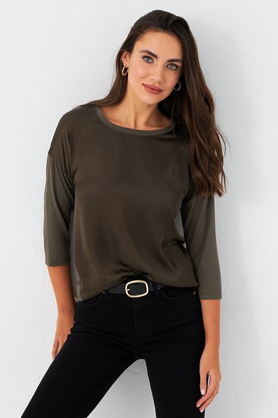 Cool & Modest Khakifarbene Damenbluse aus Satin – MAYD16