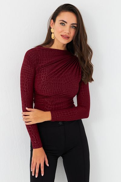 Cool & Sexy Burgunderrot gemusterte Damenbluse mit Kordelzug LPP1279