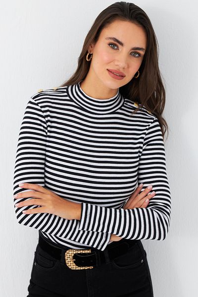 Cool & Modest Women's Black and White Striped Blouse - Button Detail, Mayd14